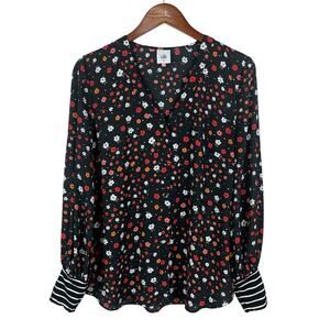 CAbi Black Floral Blouse with Striped Cuffs